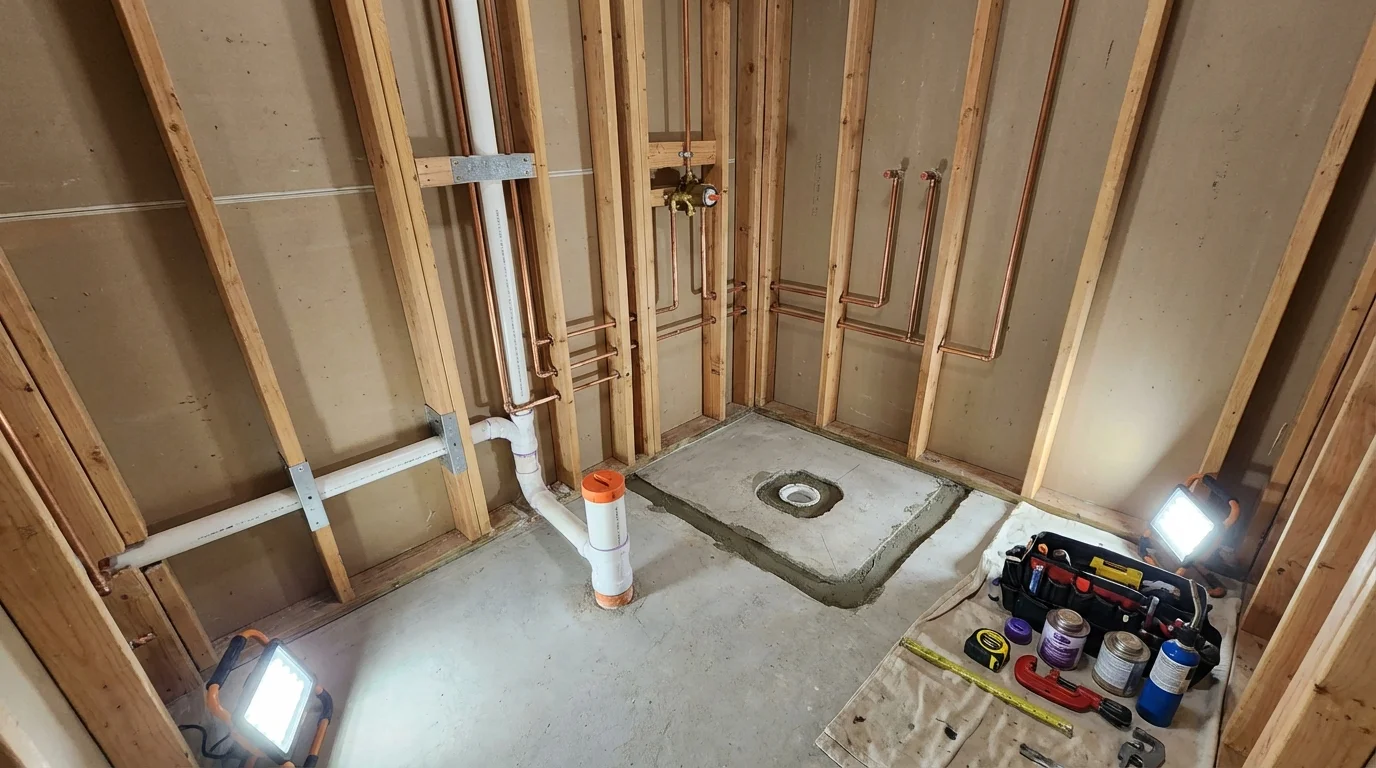 Bathroom rough-in plumbing during remodel by Johns Plumbing LLC in Groves
