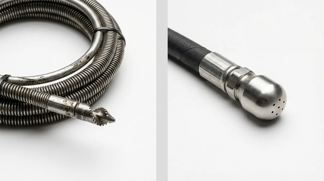 Drain snake cable and hydro jetting nozzle used for drain cleaning in Groves, TX