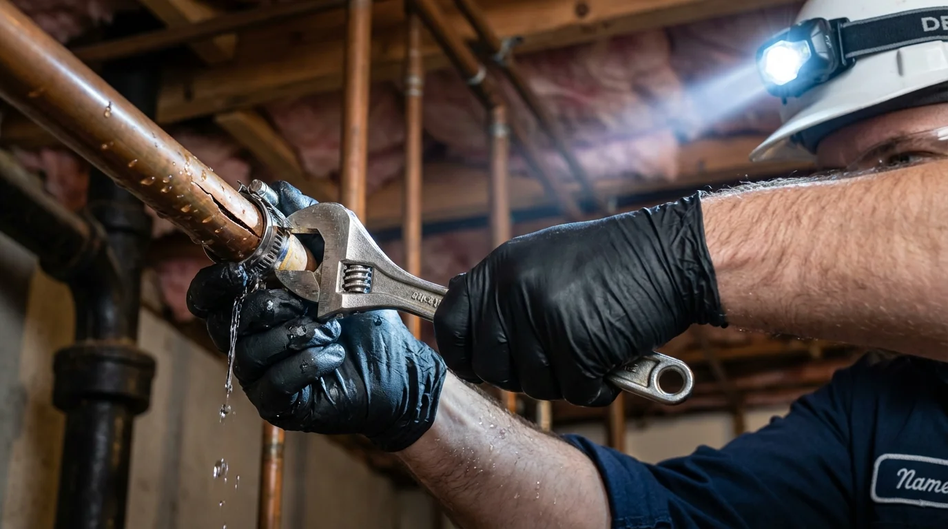 Emergency pipe clamp repair being performed by a Johns Plumbing LLC plumber in Groves