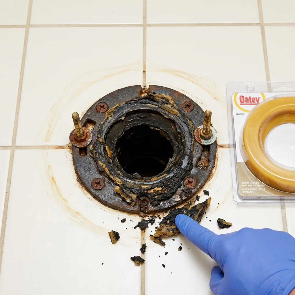 Failed wax ring showing water seepage at the base of a toilet in a Groves, TX home