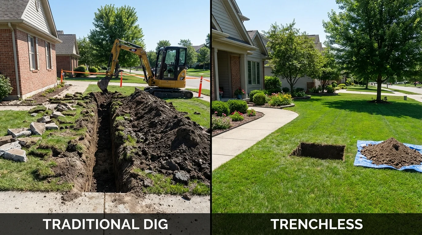 Trenchless sewer repair with minimal yard damage versus traditional excavation in Groves, TX